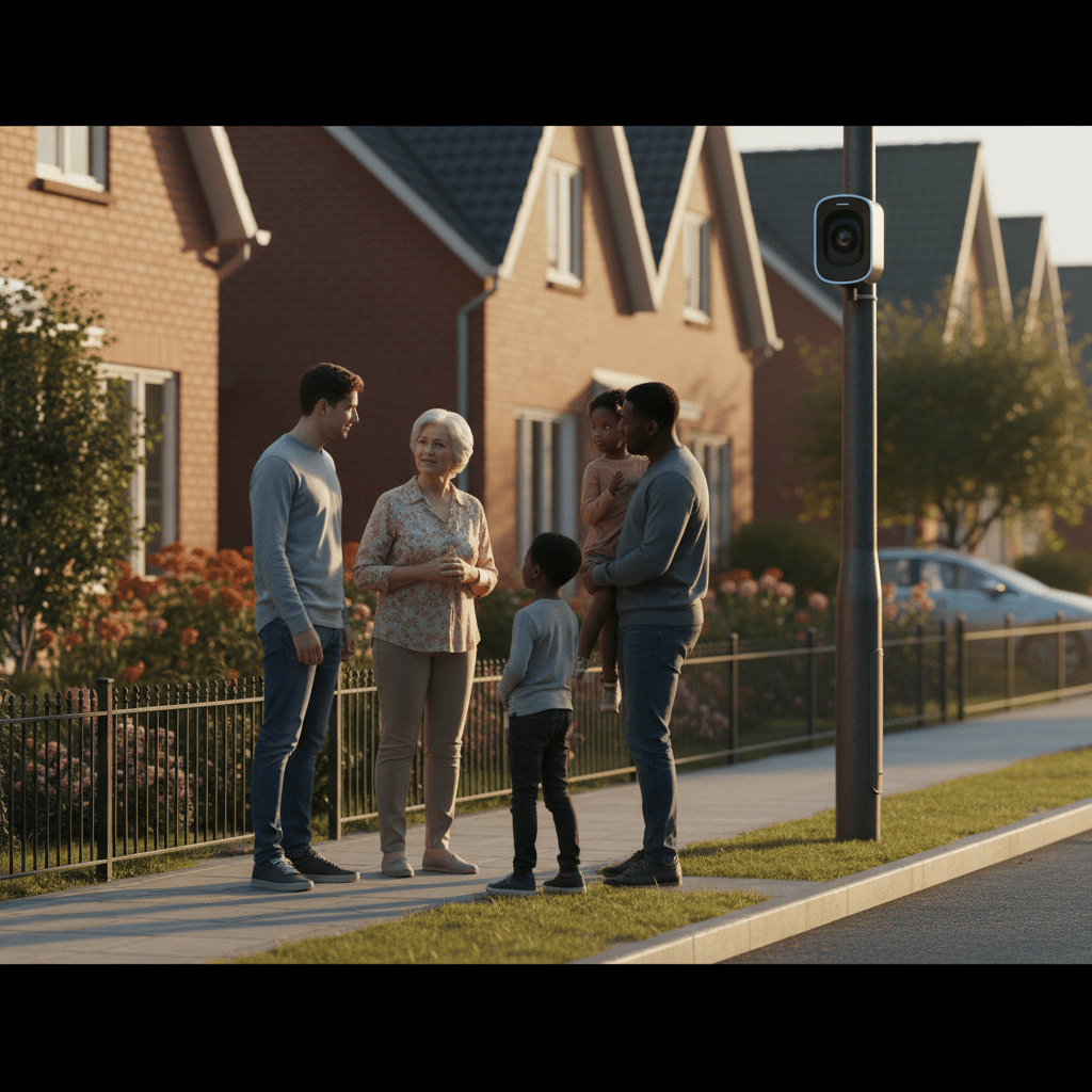 Grupo de vecinos conversando en un barrio seguro con sistema de alarma vecinal comunitaria