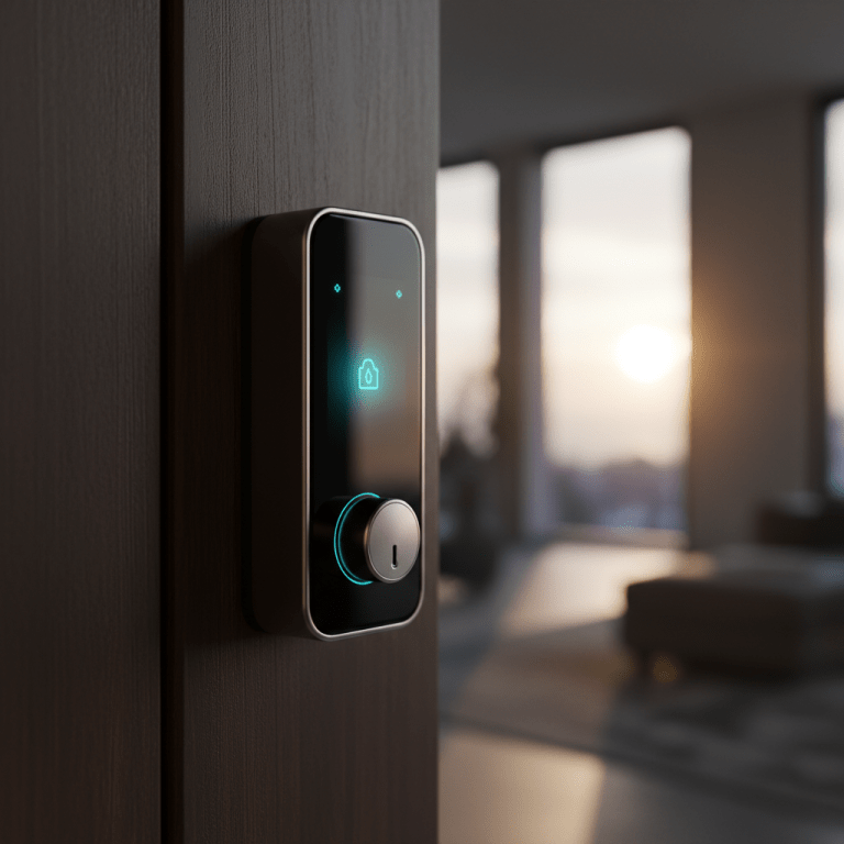 Cerradura inteligente moderna con iluminación LED azul en una puerta de madera, representando la seguridad digital y física del hogar.