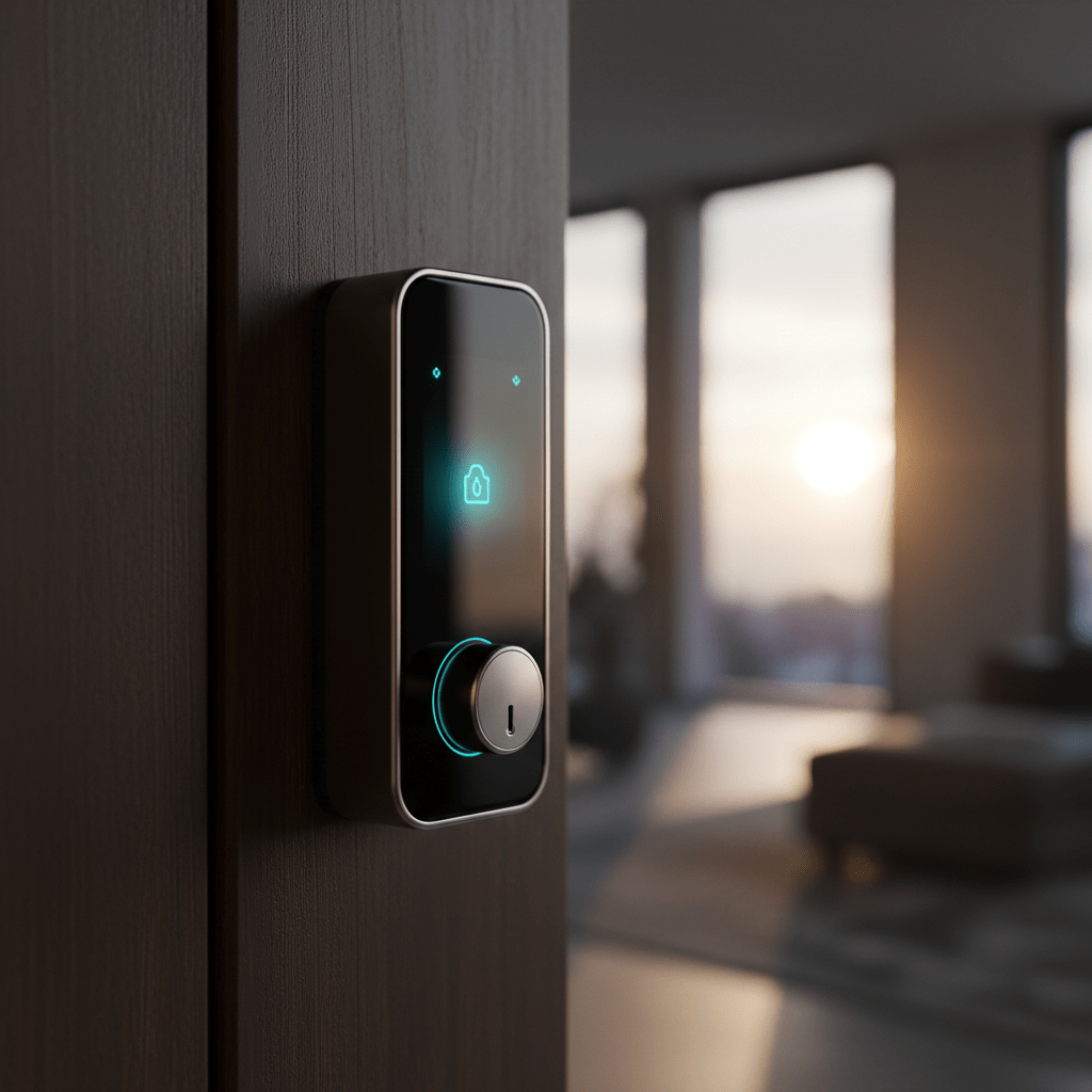 Cerradura inteligente moderna con iluminación LED azul en una puerta de madera, representando la seguridad digital y física del hogar.