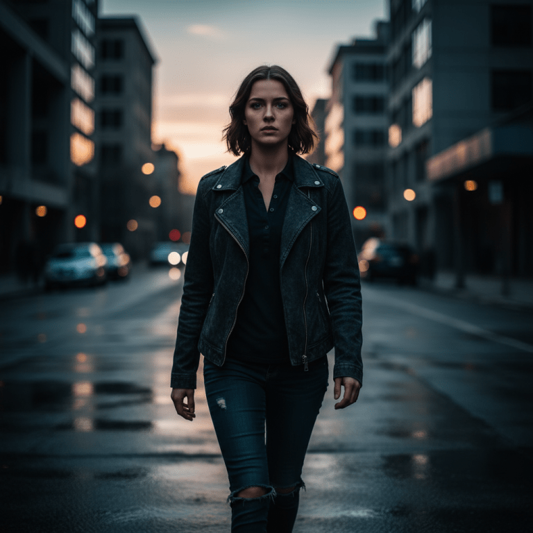 Persona caminando con actitud de alerta y seguridad personal en una calle urbana nocturna para prevenir el acoso.