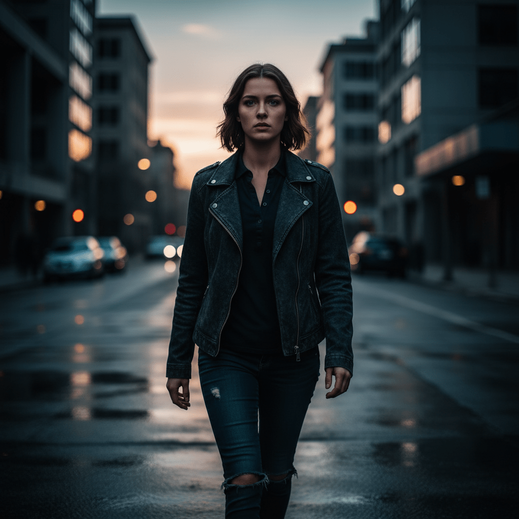 Persona caminando con actitud de alerta y seguridad personal en una calle urbana nocturna para prevenir el acoso.