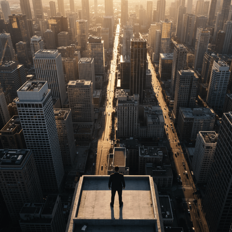 Hombre observando la complejidad del entorno urbano desde una azotea al atardecer, representando la conciencia situacional y supervivencia urbana.