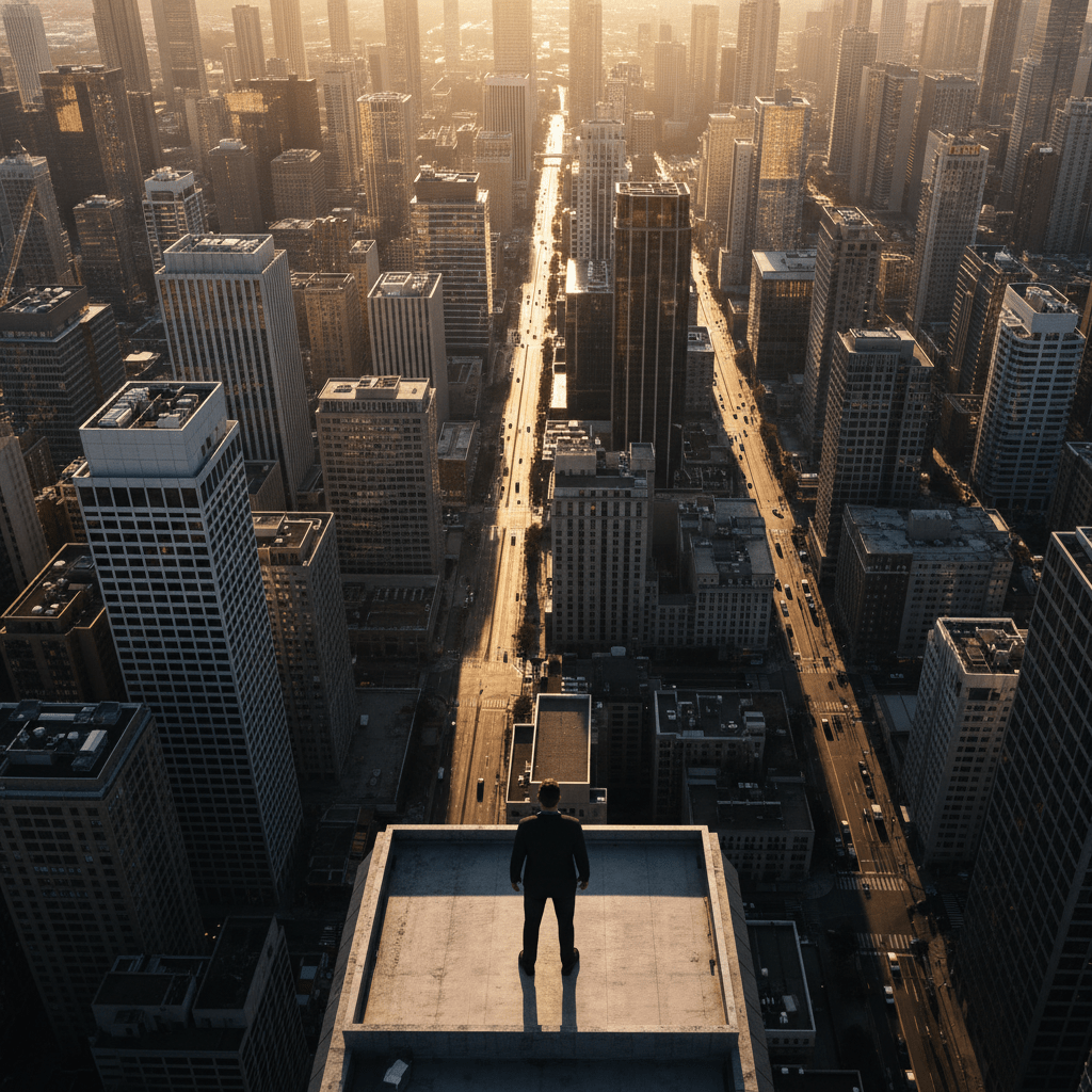 Hombre observando la complejidad del entorno urbano desde una azotea al atardecer, representando la conciencia situacional y supervivencia urbana.