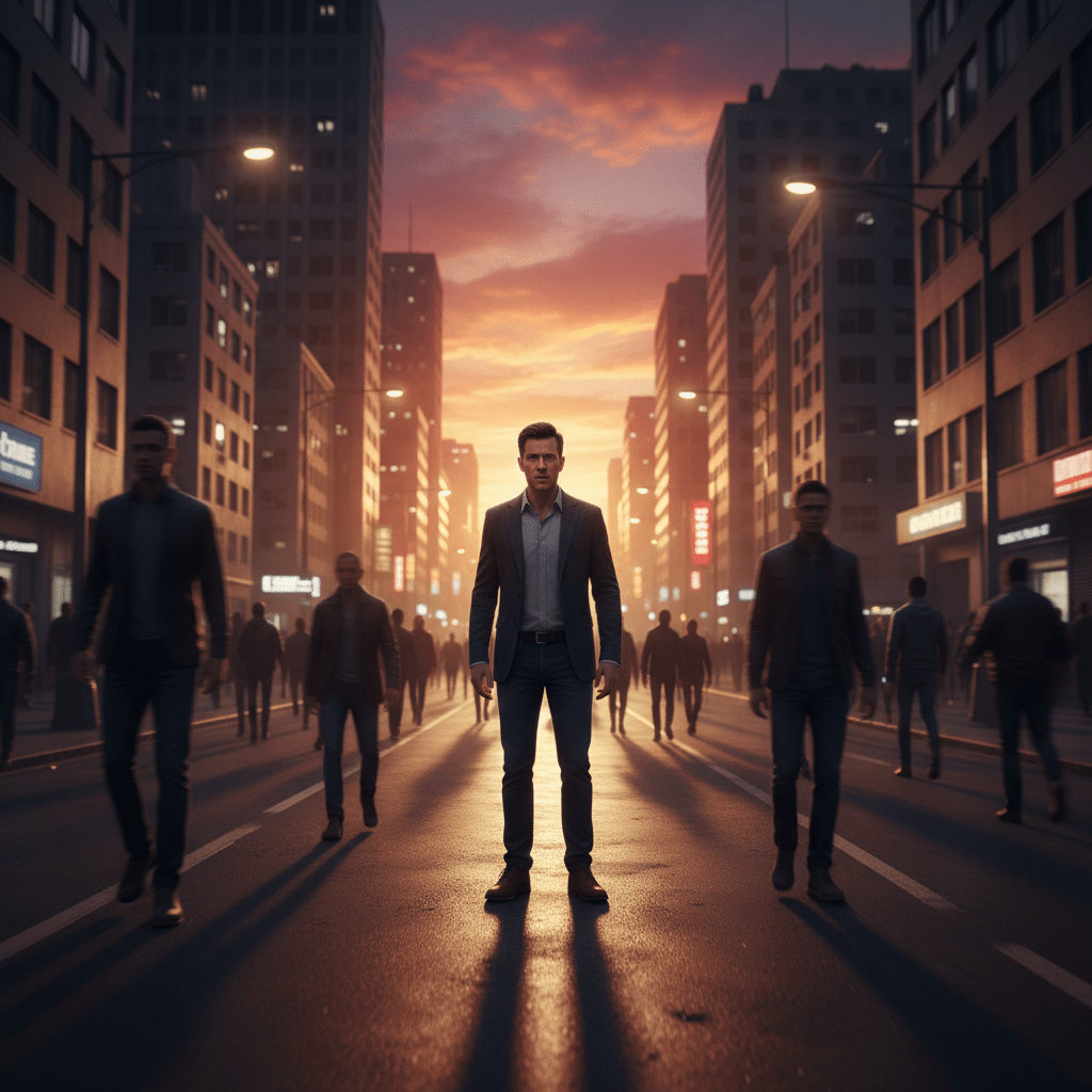 Persona en una calle concurrida mostrando parálisis del testigo ante una situación de emergencia urbana.