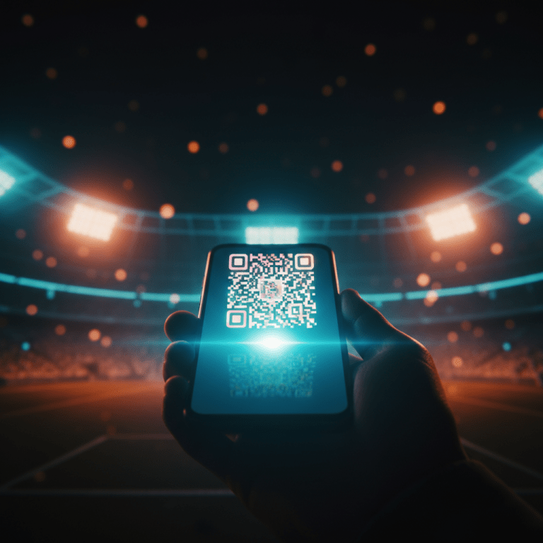 Primer plano de un smartphone mostrando un código QR digital frente a un estadio iluminado, ilustrando el fraude de entradas digitales.