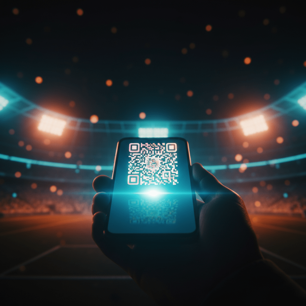 Primer plano de un smartphone mostrando un código QR digital frente a un estadio iluminado, ilustrando el fraude de entradas digitales.