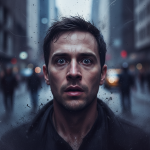 Primer plano dramático de un testigo en shock con efecto visual de memoria desvaneciéndose en carboncillo.