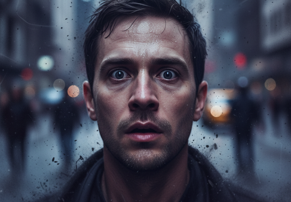 Primer plano dramático de un testigo en shock con efecto visual de memoria desvaneciéndose en carboncillo.