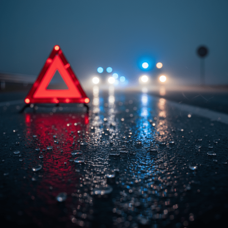 Escenario de emergencia en carretera con luces de advertencia y triángulo de seguridad sobre asfalto mojado tras un accidente de tráfico.