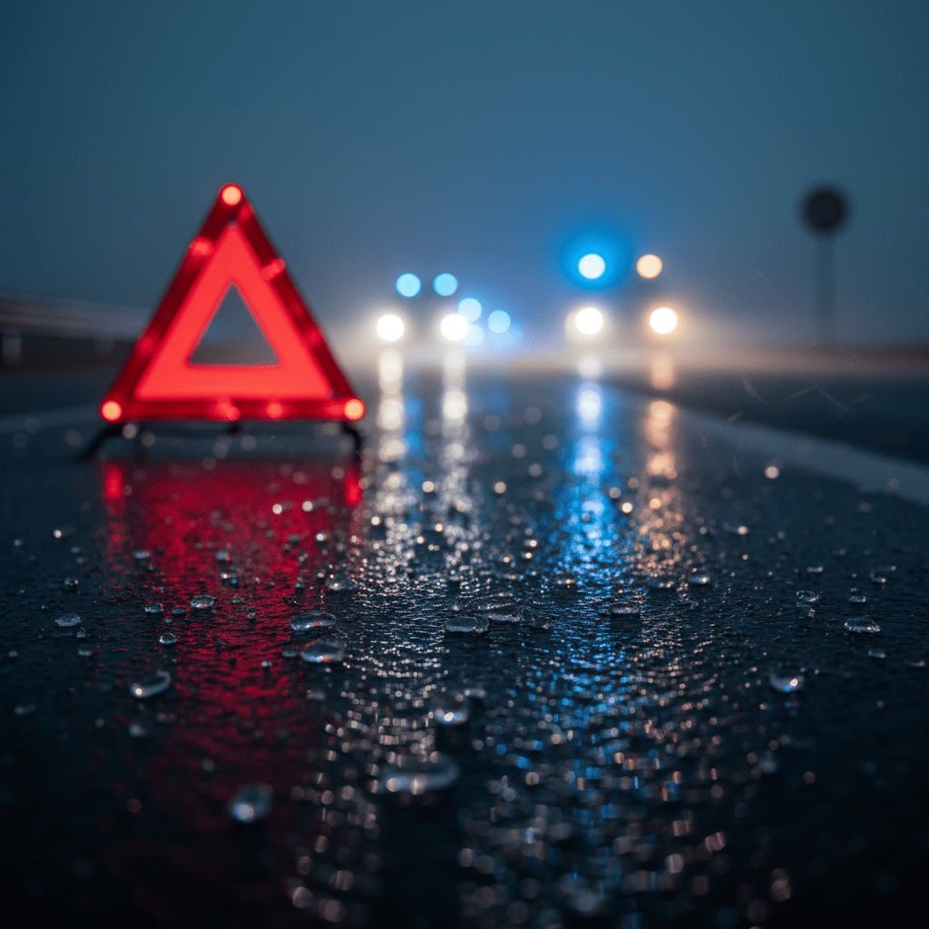 Escenario de emergencia en carretera con luces de advertencia y triángulo de seguridad sobre asfalto mojado tras un accidente de tráfico.