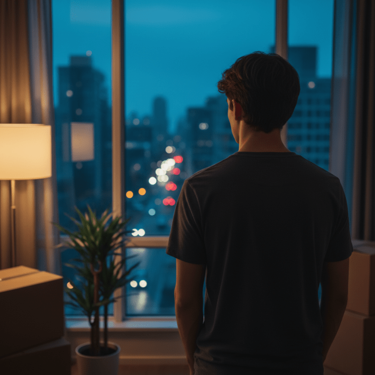 Joven estudiante en su primer apartamento independiente mirando la ciudad desde la ventana, concepto de seguridad y autonomía urbana.