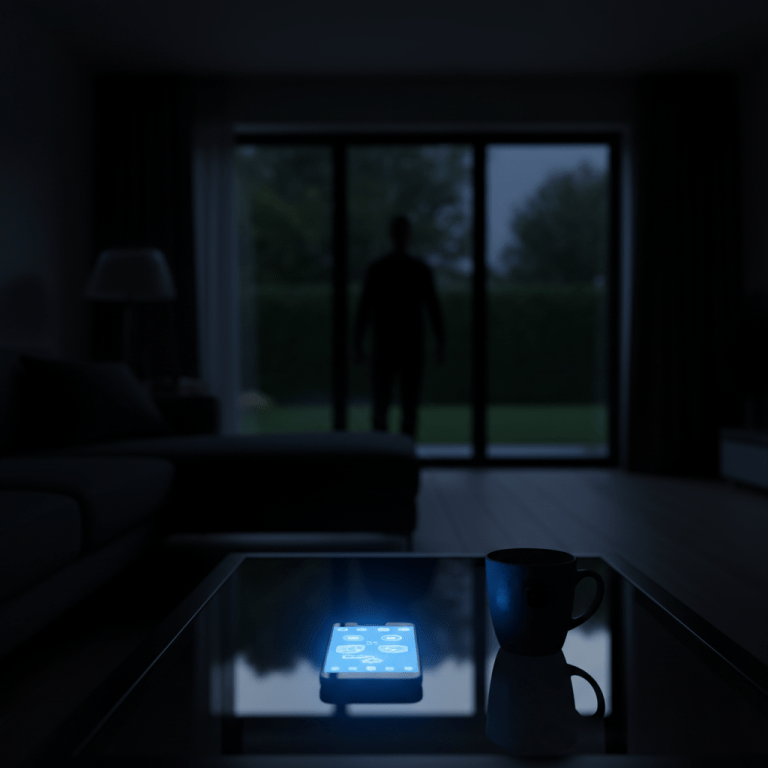 Concepto de inseguridad en el hogar por compartir información en redes sociales con un teléfono iluminado en una casa oscura.