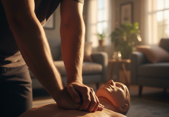 Primer plano de manos realizando maniobras de RCP y primeros auxilios en un hogar durante la hora dorada.