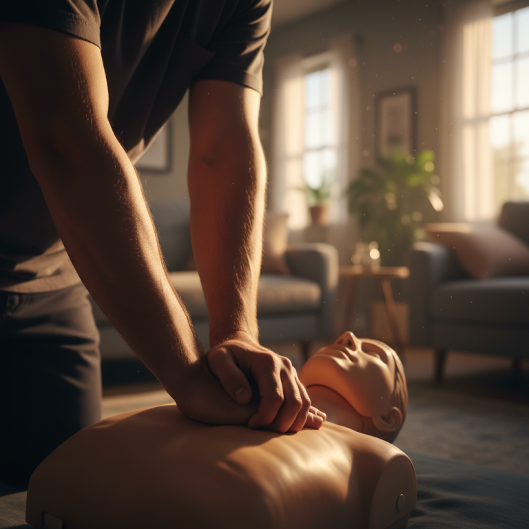 Primer plano de manos realizando maniobras de RCP y primeros auxilios en un hogar durante la hora dorada.