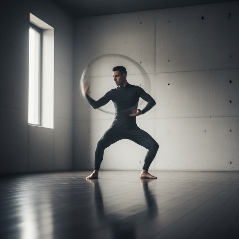 Practicante de artes marciales aplicando el principio de no resistencia y desvío de energía en un dojo minimalista