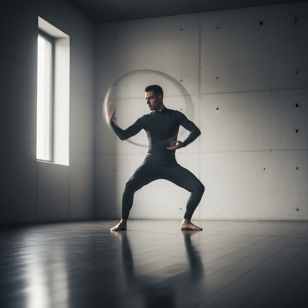 Practicante de artes marciales aplicando el principio de no resistencia y desvío de energía en un dojo minimalista