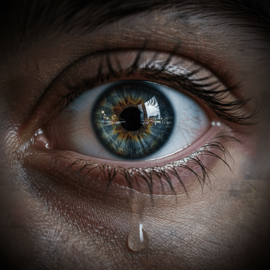 Primer plano del ojo de un testigo que refleja una escena distorsionada, representando la fragilidad de la memoria humana ante el caos.