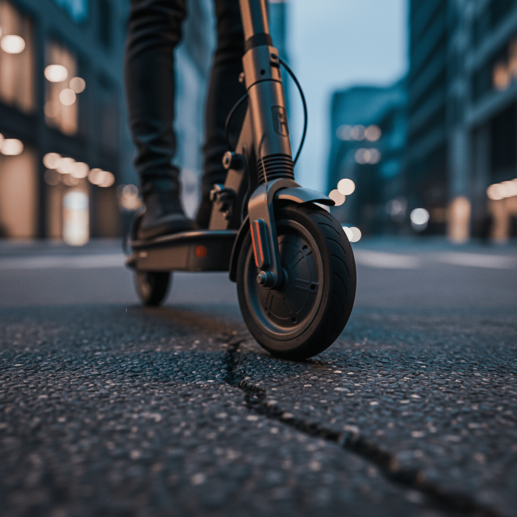 Primer plano de un patinete eléctrico en una calle urbana destacando sus ruedas pequeñas y el asfalto, concepto de seguridad vial y movilidad urbana.