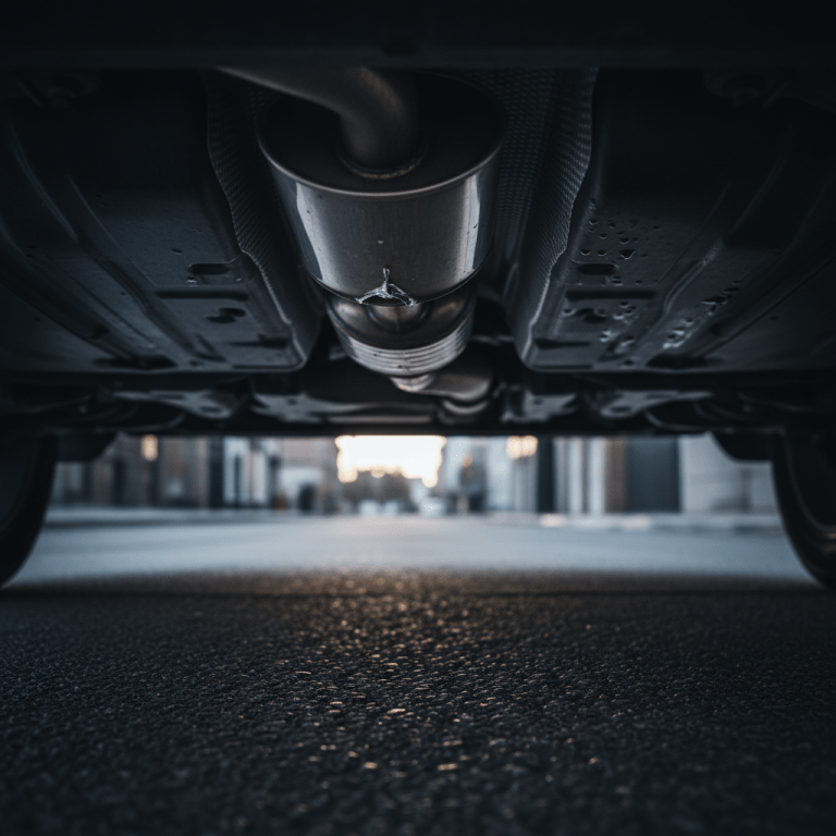 Primer plano de los bajos de un coche con el tubo de escape cortado por robo de catalizador