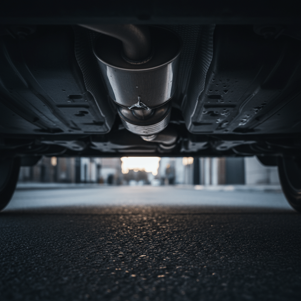 Primer plano de los bajos de un coche con el tubo de escape cortado por robo de catalizador