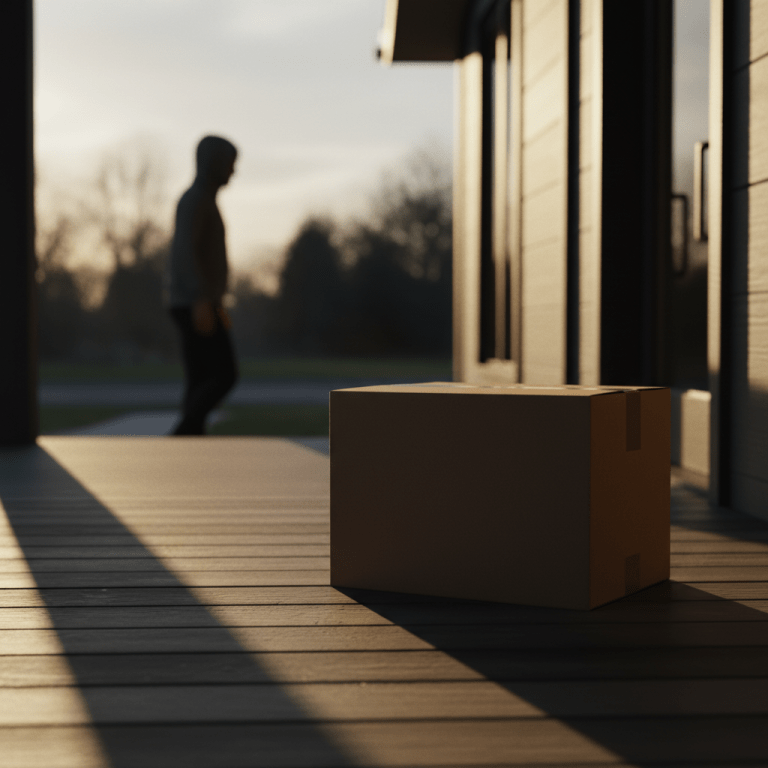 Paquete de mensajería desatendido en el porche de una casa moderna con silueta sospechosa al fondo.