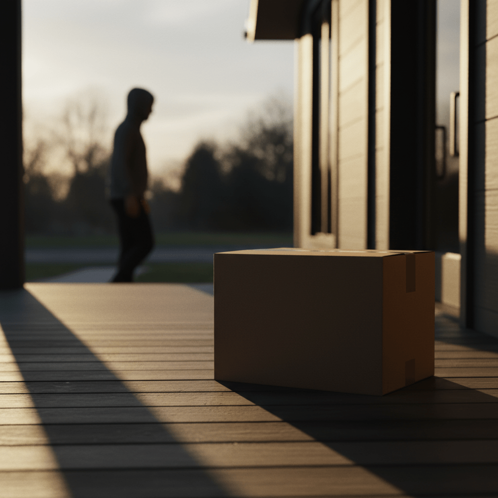 Paquete de mensajería desatendido en el porche de una casa moderna con silueta sospechosa al fondo.