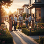 Vecinos conversando en un barrio seguro y bien iluminado que representa la cohesión social y la seguridad comunitaria.