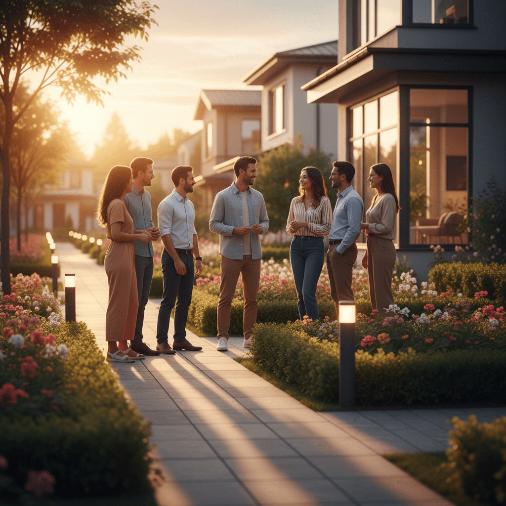 Vecinos conversando en un barrio seguro y bien iluminado que representa la cohesión social y la seguridad comunitaria.
