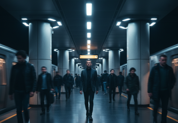 Persona mostrando conciencia situacional y seguridad personal en una estación de transporte público concurrida.