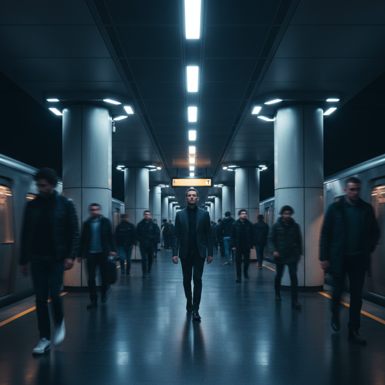 Persona mostrando conciencia situacional y seguridad personal en una estación de transporte público concurrida.