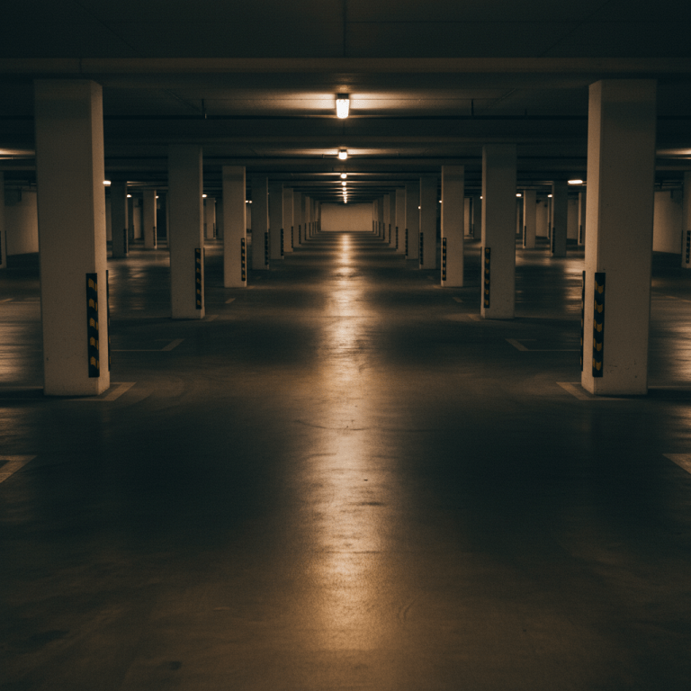 Estacionamiento subterráneo con iluminación tenue y sombras profundas que ilustra puntos ciegos y vulnerabilidad en seguridad.