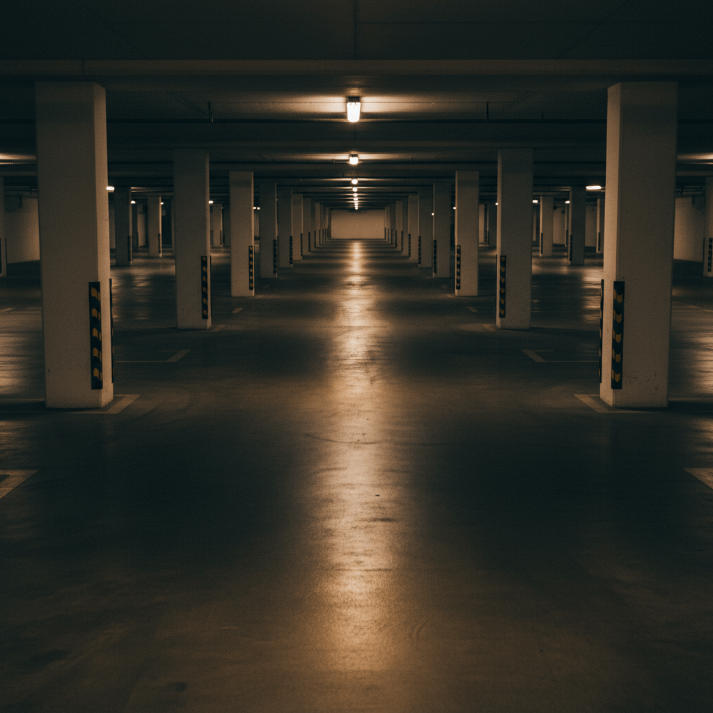 Estacionamiento subterráneo con iluminación tenue y sombras profundas que ilustra puntos ciegos y vulnerabilidad en seguridad.