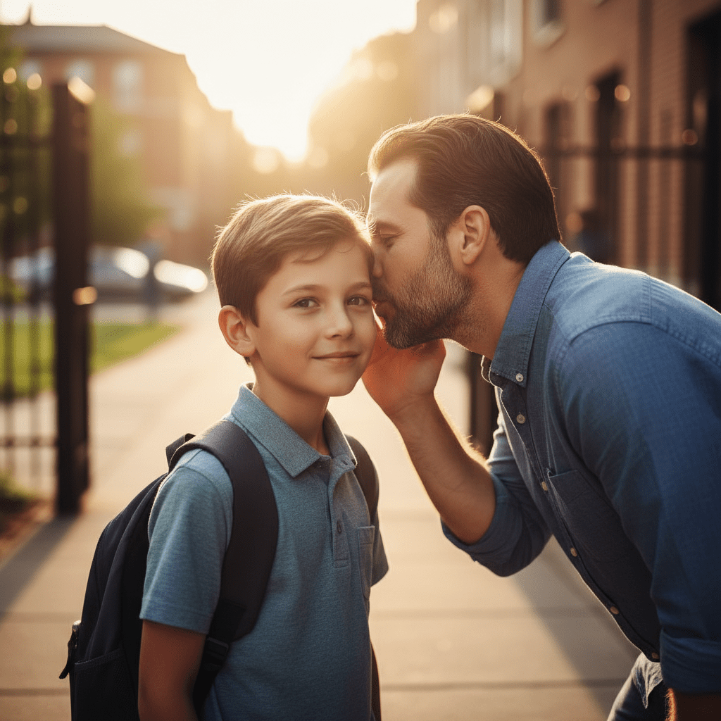 Padre susurrando una palabra clave de seguridad al oído de su hijo cerca de un colegio
