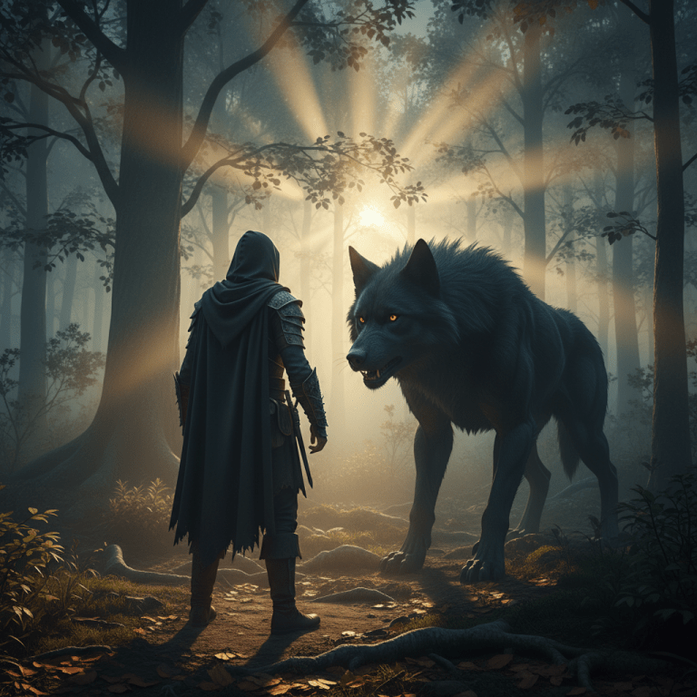 Hombre manteniendo una postura de seguridad y calma frente a un perro grande en un bosque neblinoso, representando la psicología animal.