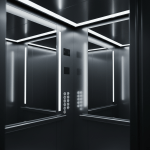 Vista interior de una cabina de ascensor moderna de acero inoxidable con iluminación LED de seguridad.