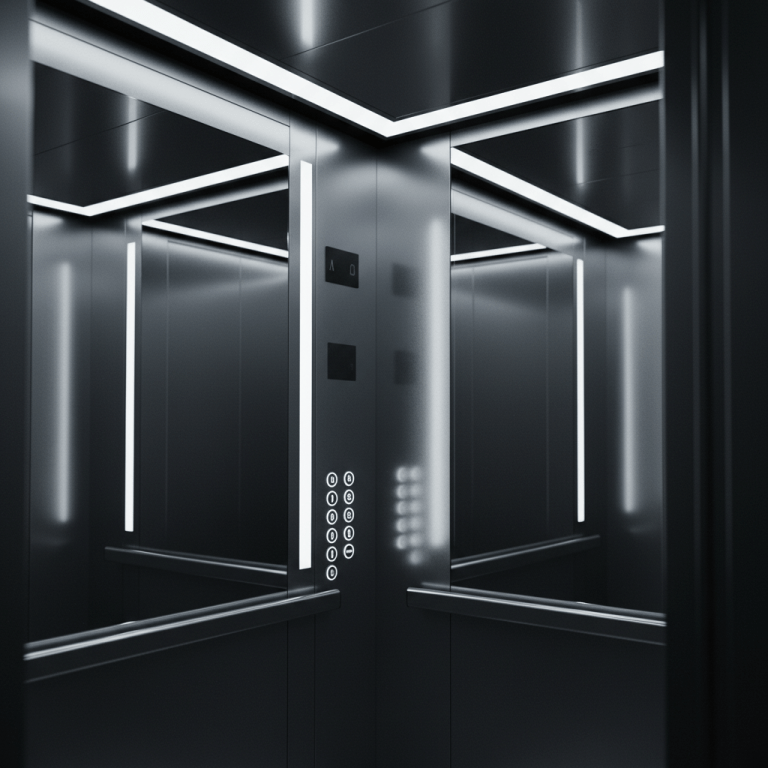 Vista interior de una cabina de ascensor moderna de acero inoxidable con iluminación LED de seguridad.
