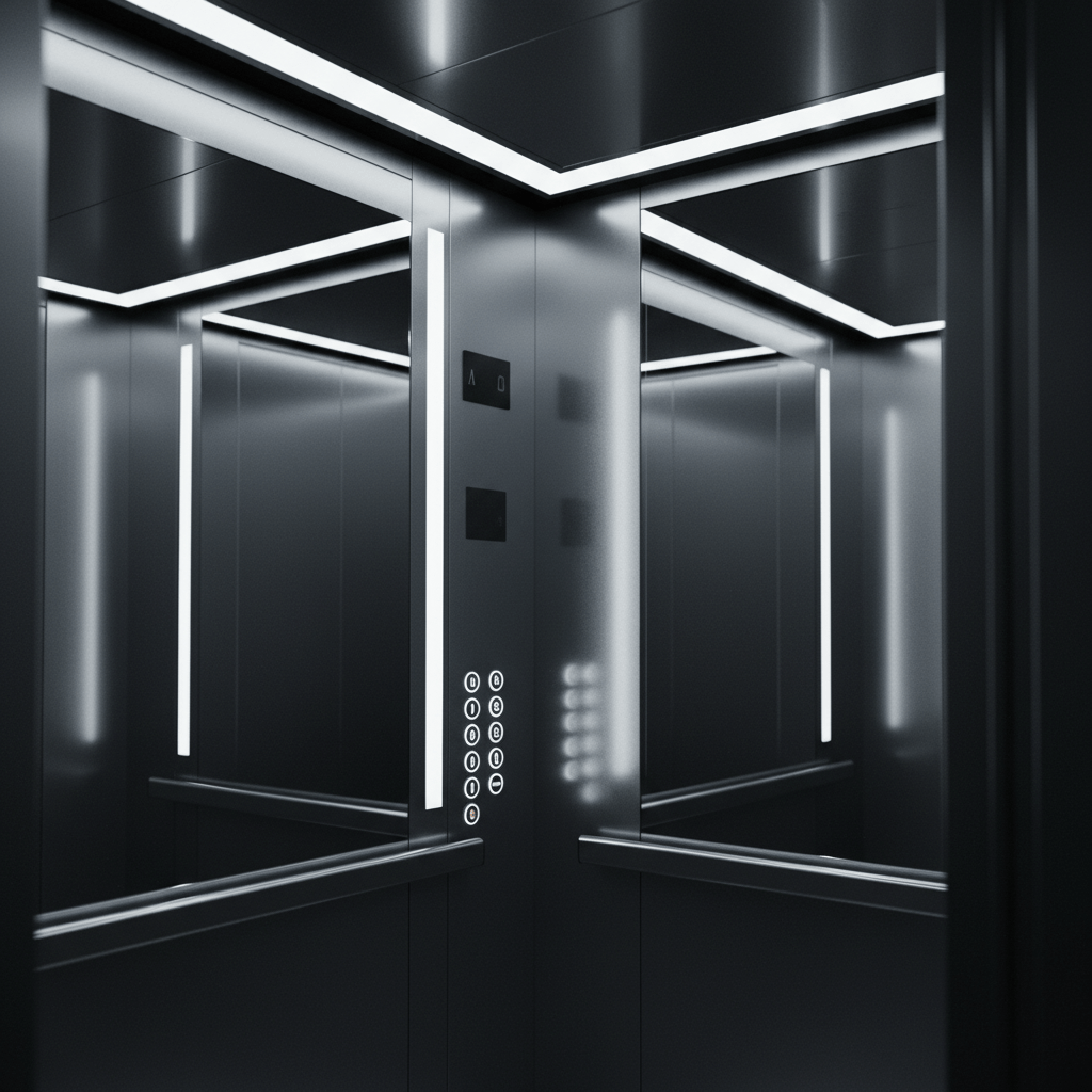 Vista interior de una cabina de ascensor moderna de acero inoxidable con iluminación LED de seguridad.