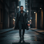 Persona caminando con paso firme y lenguaje corporal seguro en un entorno urbano oscuro para evitar riesgos de seguridad.