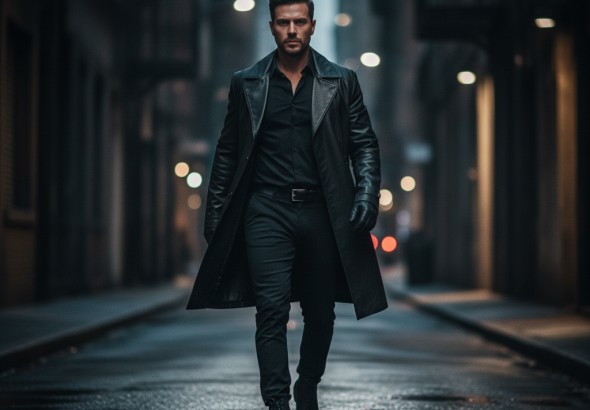 Persona caminando con paso firme y lenguaje corporal seguro en un entorno urbano oscuro para evitar riesgos de seguridad.