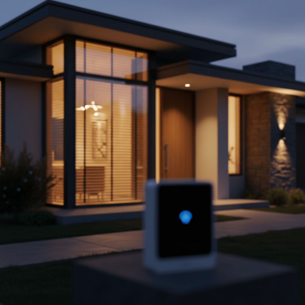 Fachada de una casa moderna con iluminación inteligente para simular presencia y sistemas de seguridad visibles durante la noche.