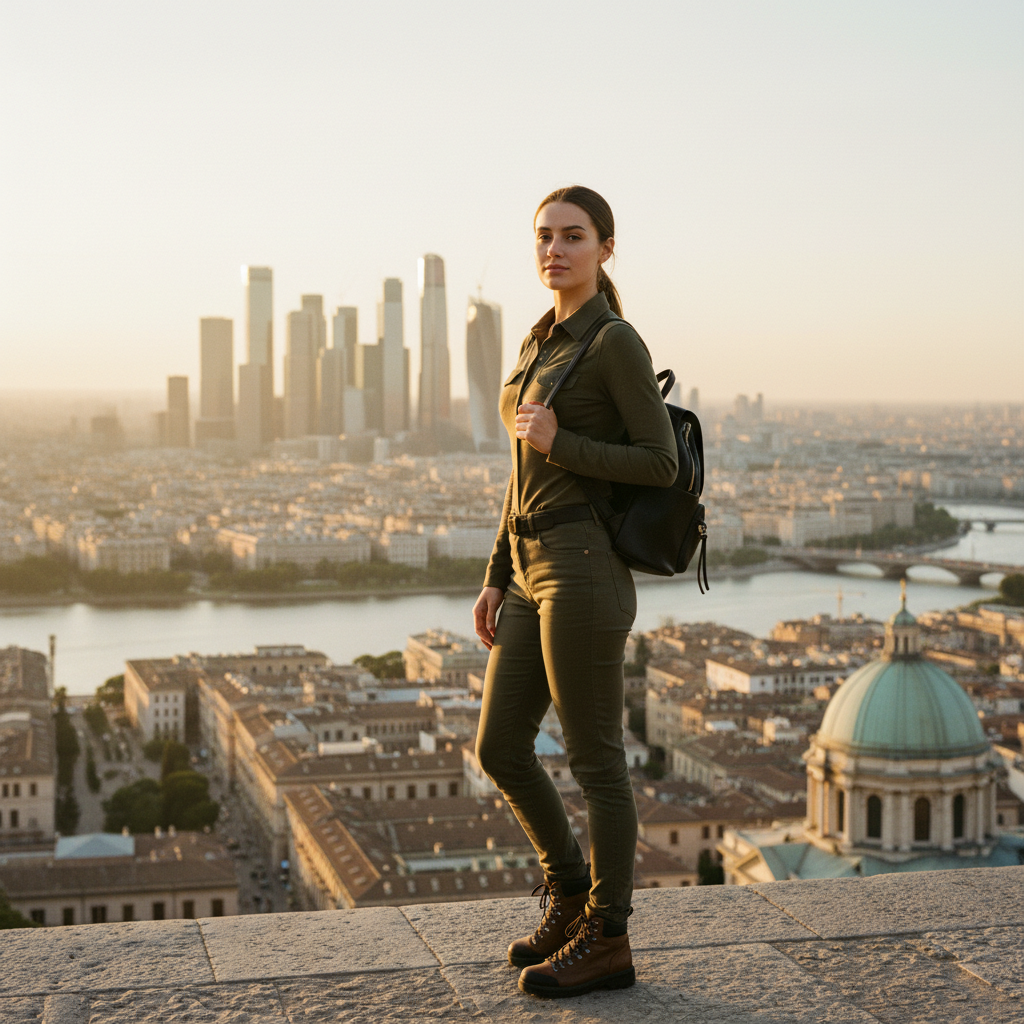 Mujer viajera en solitario observando una ciudad con actitud segura y empoderada durante el atardecer
