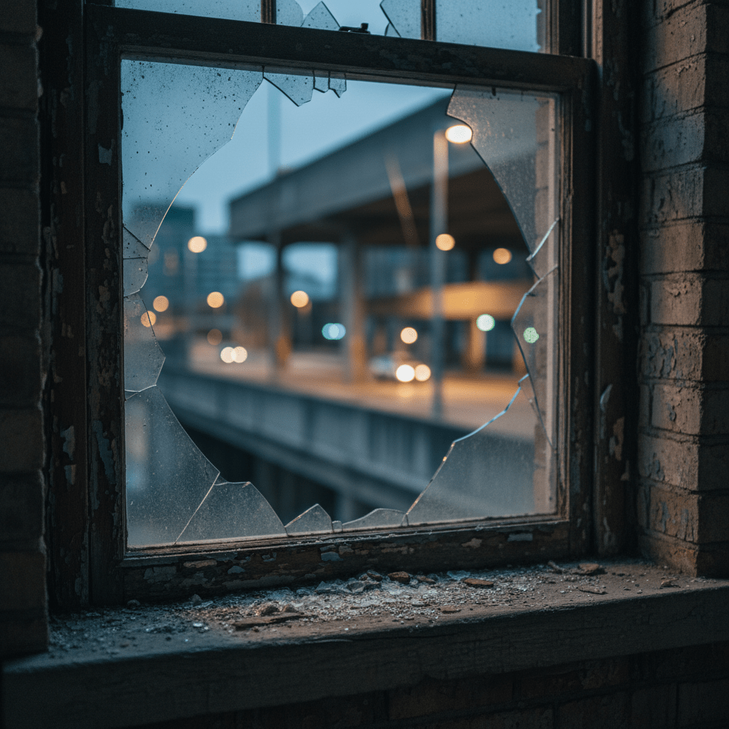 Primer plano de una ventana rota en un edificio de ladrillo, ilustrando la teoría de las ventanas rotas y el abandono urbano.