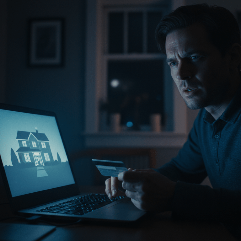 Persona analizando ofertas de alquiler en una computadora en un entorno oscuro, representando el riesgo de estafas inmobiliarias y vulnerabilidad digital.