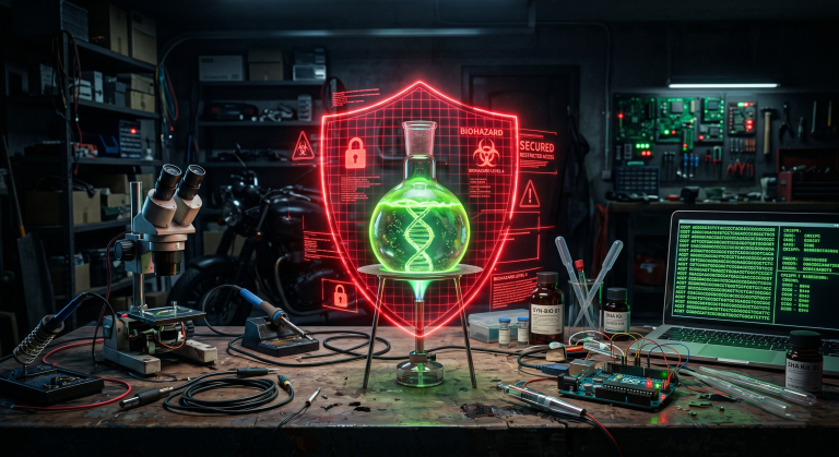 Representación conceptual de seguridad en biología sintética y edición genética con interfaces digitales