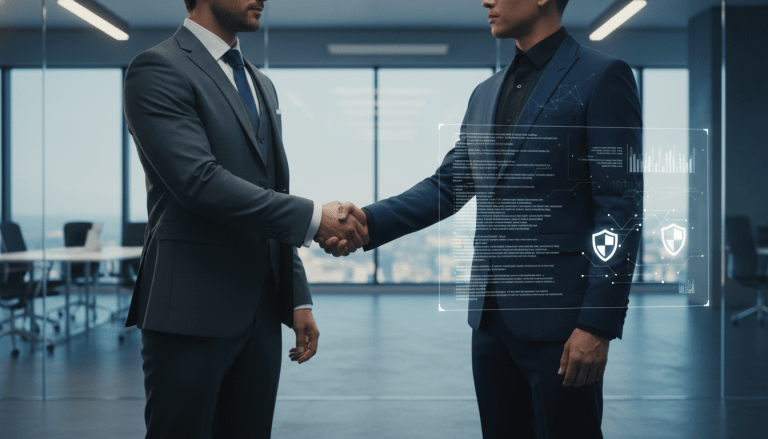Ejecutivos de seguridad física y ciberseguridad estrechando manos en alianza estratégica corporativa.
