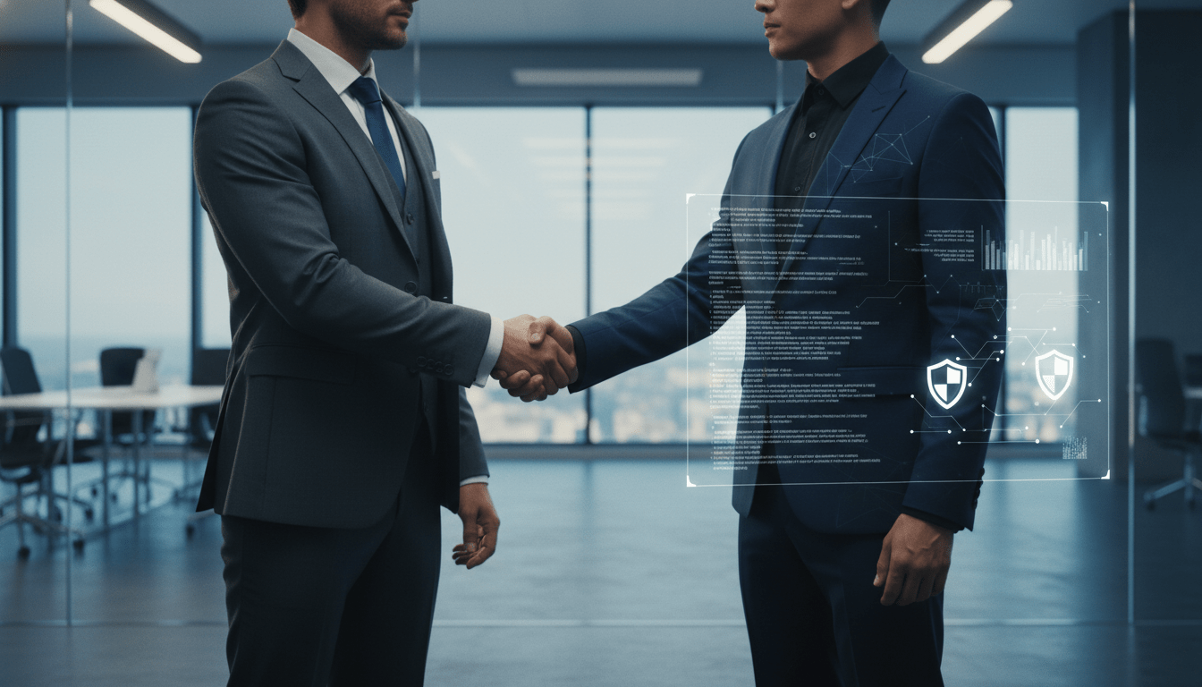 Ejecutivos de seguridad física y ciberseguridad estrechando manos en alianza estratégica corporativa.