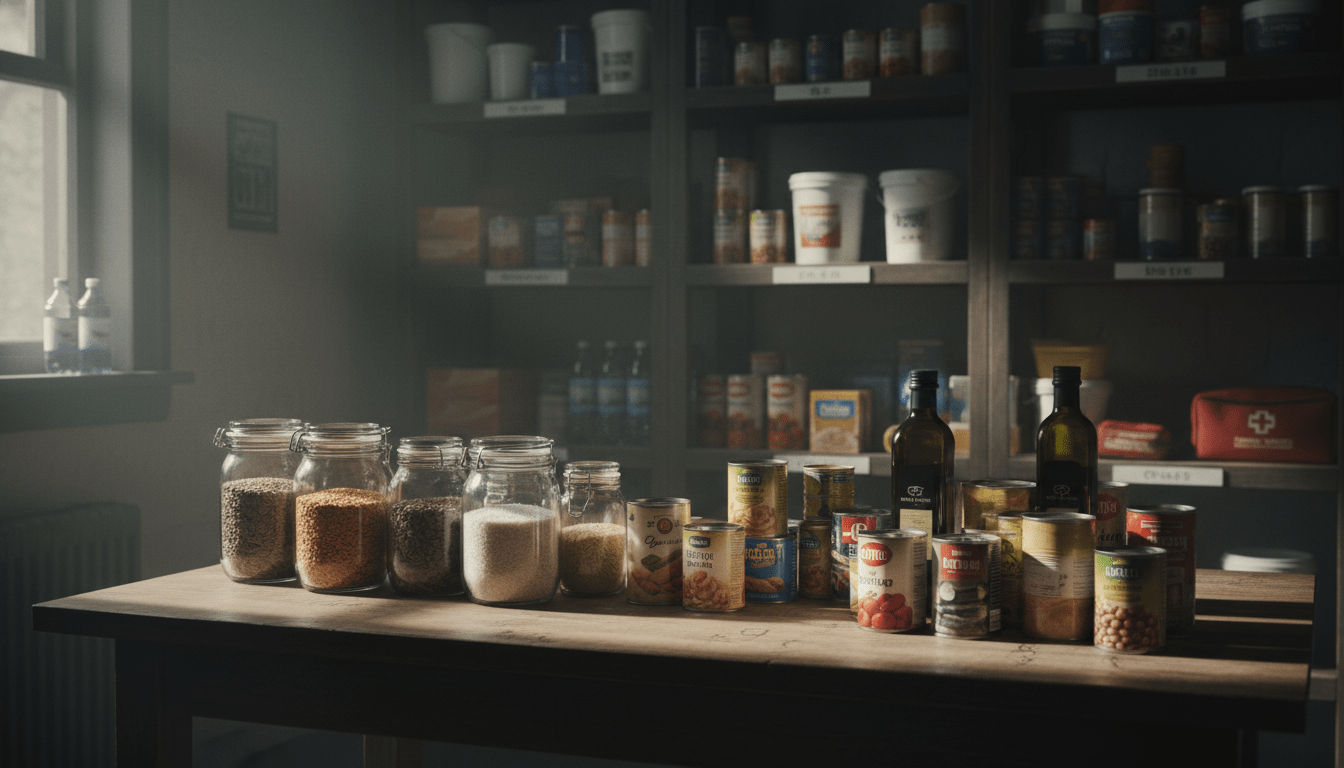Alimentos básicos almacenados para emergencia en una despensa organizada sobre una mesa de madera