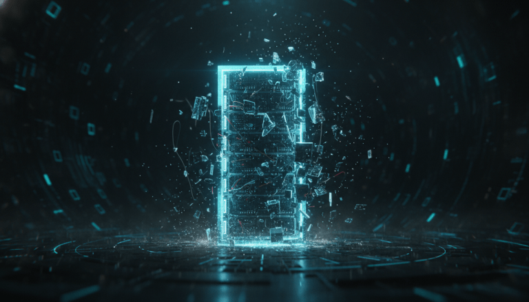 Servidor digital con particulas de luz representando la vulnerabilidad de la seguridad informatica ante la computacion cuantica