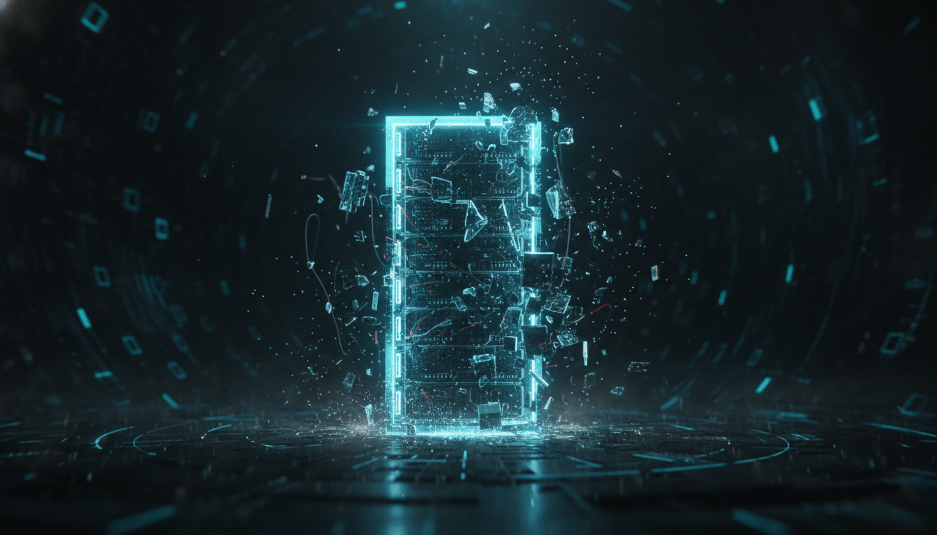 Servidor digital con particulas de luz representando la vulnerabilidad de la seguridad informatica ante la computacion cuantica