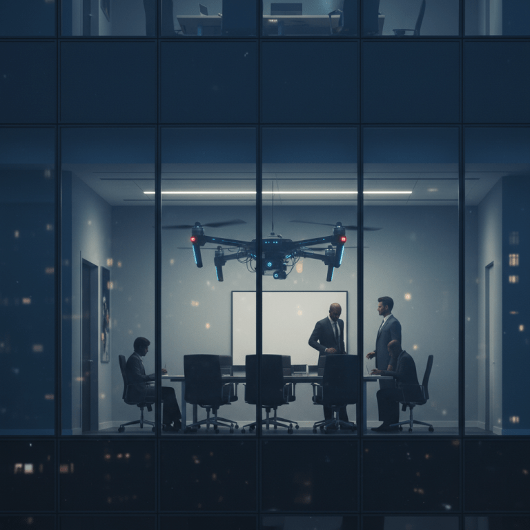 Dron de espionaje industrial equipado con sensores observando una sala de juntas corporativa desde el exterior de un edificio de oficinas.